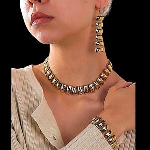 Gold Exaggerated Chain Link Matching Choker Necklace Bracelet Earrings Set